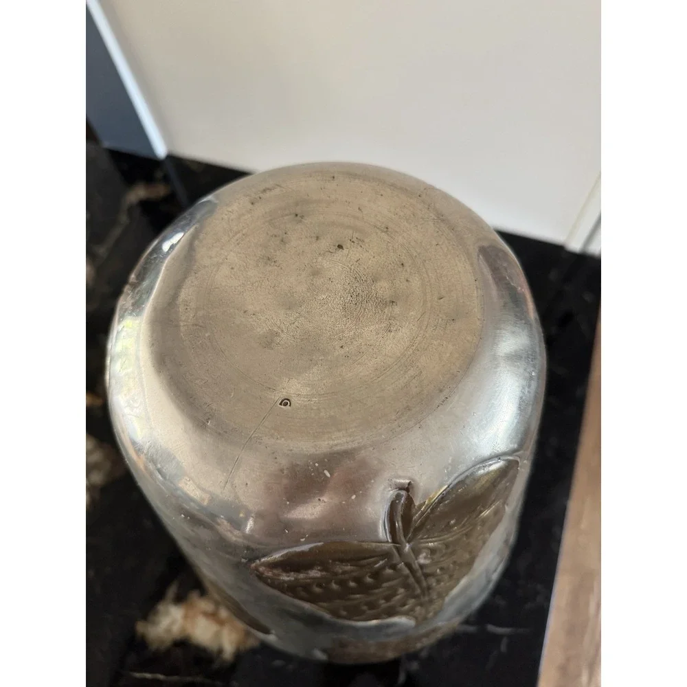 Vintage Large Art Nouveau Metal Vase With Brass Leaves 17.75